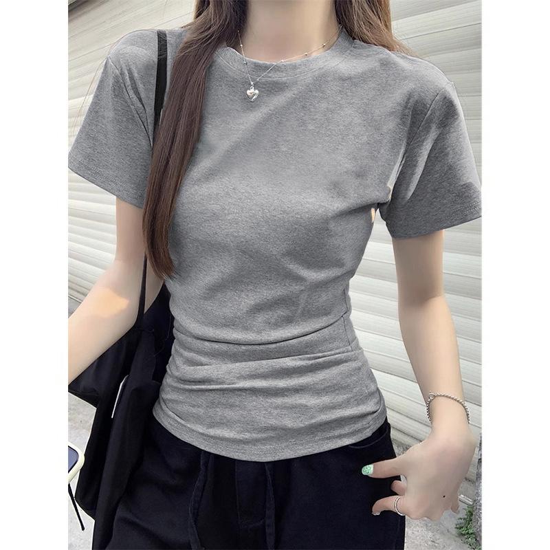 American Pure Cotton Basic Simple Front Shoulder Short-sleeved T-shirt Women's Summer New Spice Girl Meat-covering and Thin Top