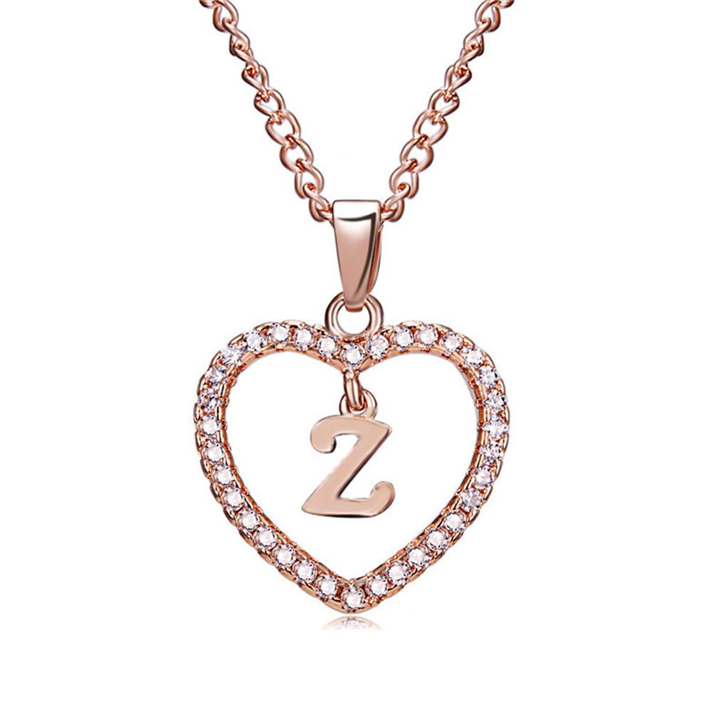 26 Letters W Heart Shape Pendant Necklace Rhinestone Rose Golden Clavicular Chain Jewelry Couple Gift