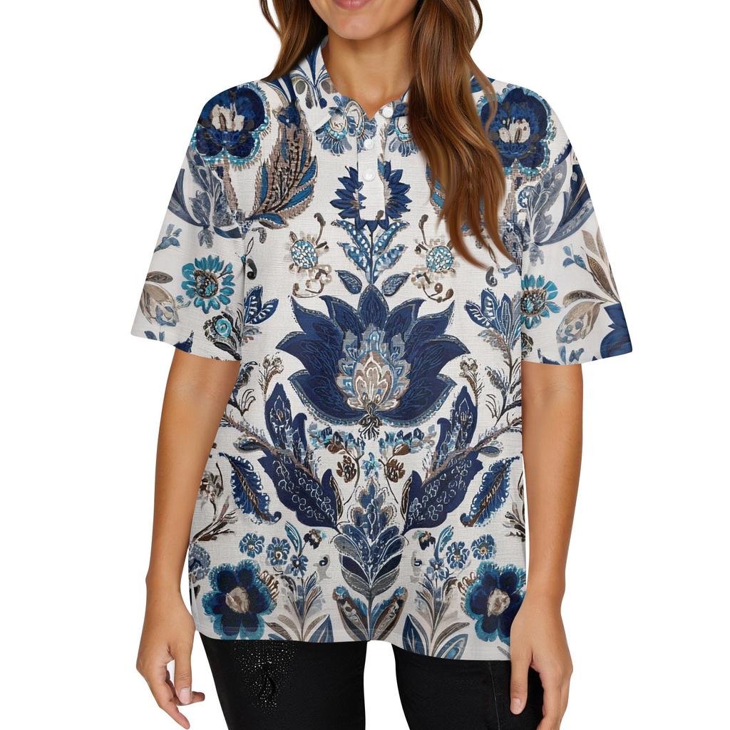 Women's Fashion Casual Lapel Short Sleeve Print Shirt Women's Button Up Tops