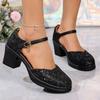 2025 Ladies Shoes Plus Size Women's High Heels Trendy Black Glitter Ankle Buckle Strap Elegant Chunky Heels Shoes for Women