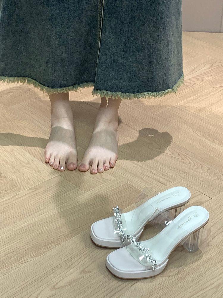 Transparent thick heel rhinestone sandals female summer word fairy wearing high heels beautiful crystal slippers season belt