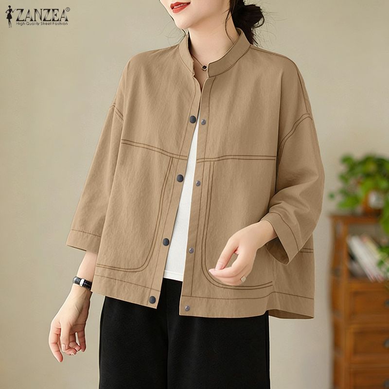 ZANZEA Dámská ležérní halenka s kulatým výstřihem, jednobarevná, s 3/4 rukávem, volného střihu