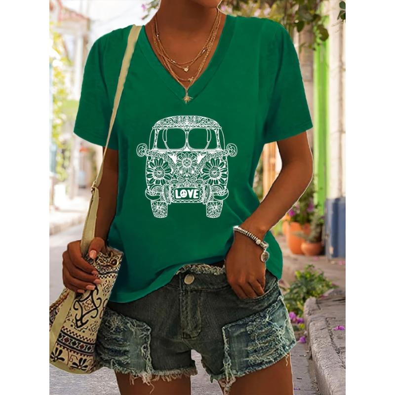 

Летняя футболка с коротким рукавом с узором из растений, цветов и автобусов, V-образным вырезом, повседневная, с коротким рукавом, женская 5XL