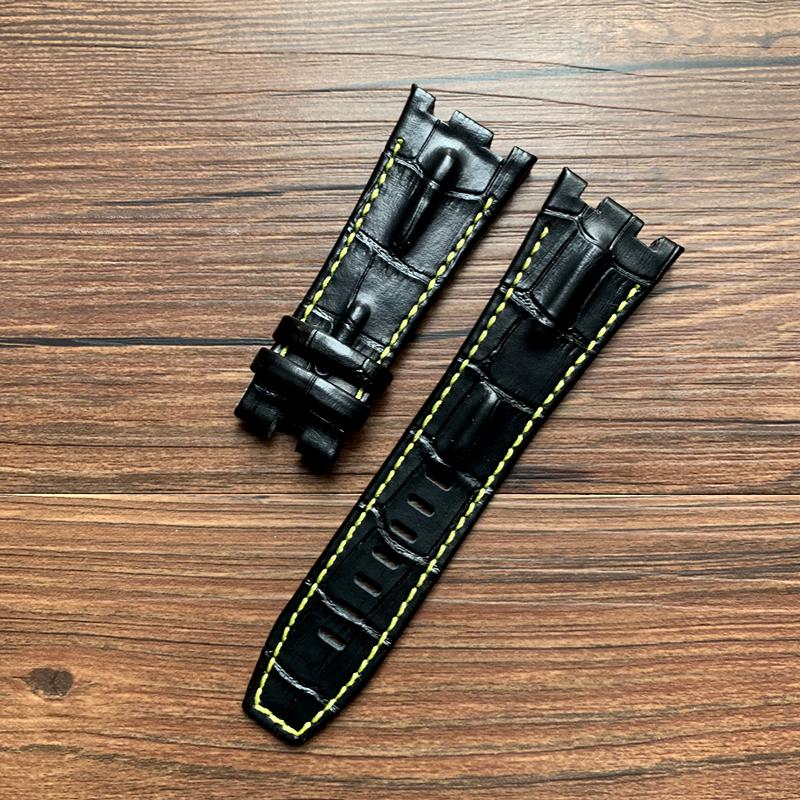 

Ремешок из натуральной кожи для AP 15703 Royal Oak Offshore Series 28 мм * 22 мм, черный, коричневый, синий, красный, ремешки для часов, аксессуары для мужчин With black buckle чёрный/жёлтый