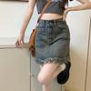 High Waist A-Line Denim Skirt Women Plus Size Curvy Figure Short With Raw Hem Slight Stretch