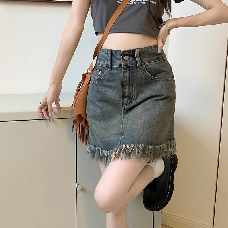 High Waist A-Line Denim Skirt Women Plus Size Curvy Figure Short With Raw Hem Slight Stretch
