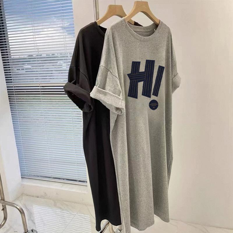 White Dress Loose Cotton Short-sleeved Long T-shirt Women's Skirt Fat Belly and Thin Large Size Split Skirt