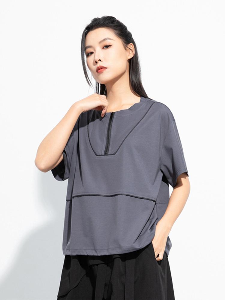 Korean Design Summer Zipper T-shirts Womens 2024 Loose Casual Luxury O Neck Tops Ladies Classic Harajuku Clothes