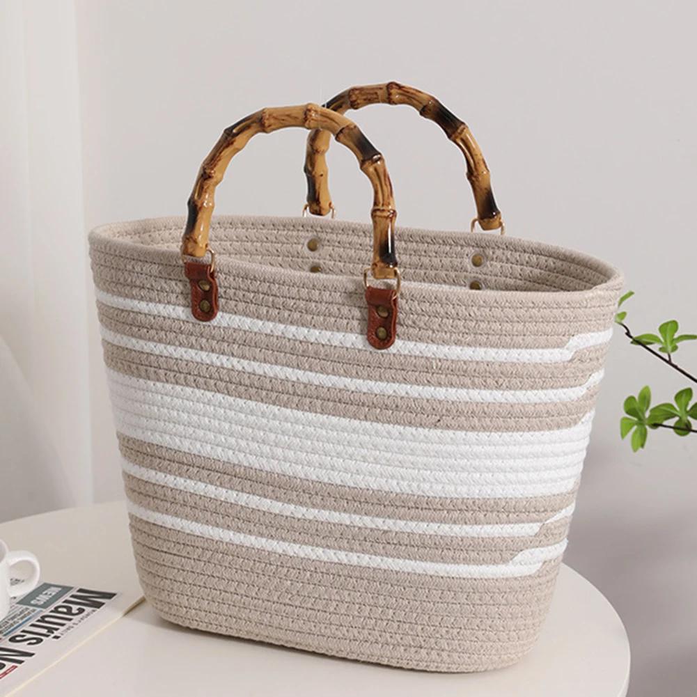 Cotton Woven Handbags Bamboo Handle Tote Summer Striped Hand-Woven Top-handle Bags Large Capacity Women's Bags Weaving Beach Bag
