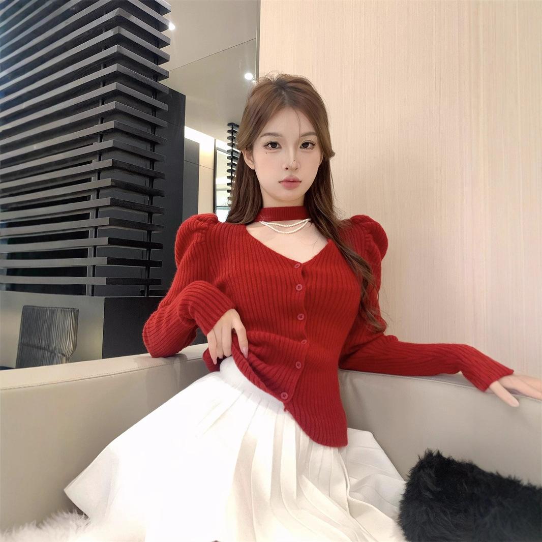 

French v-neck long-sleeved knitted cardigan women s autumn and winter temperament neck design sense slim-fitting short sweater one size fits all бордовий