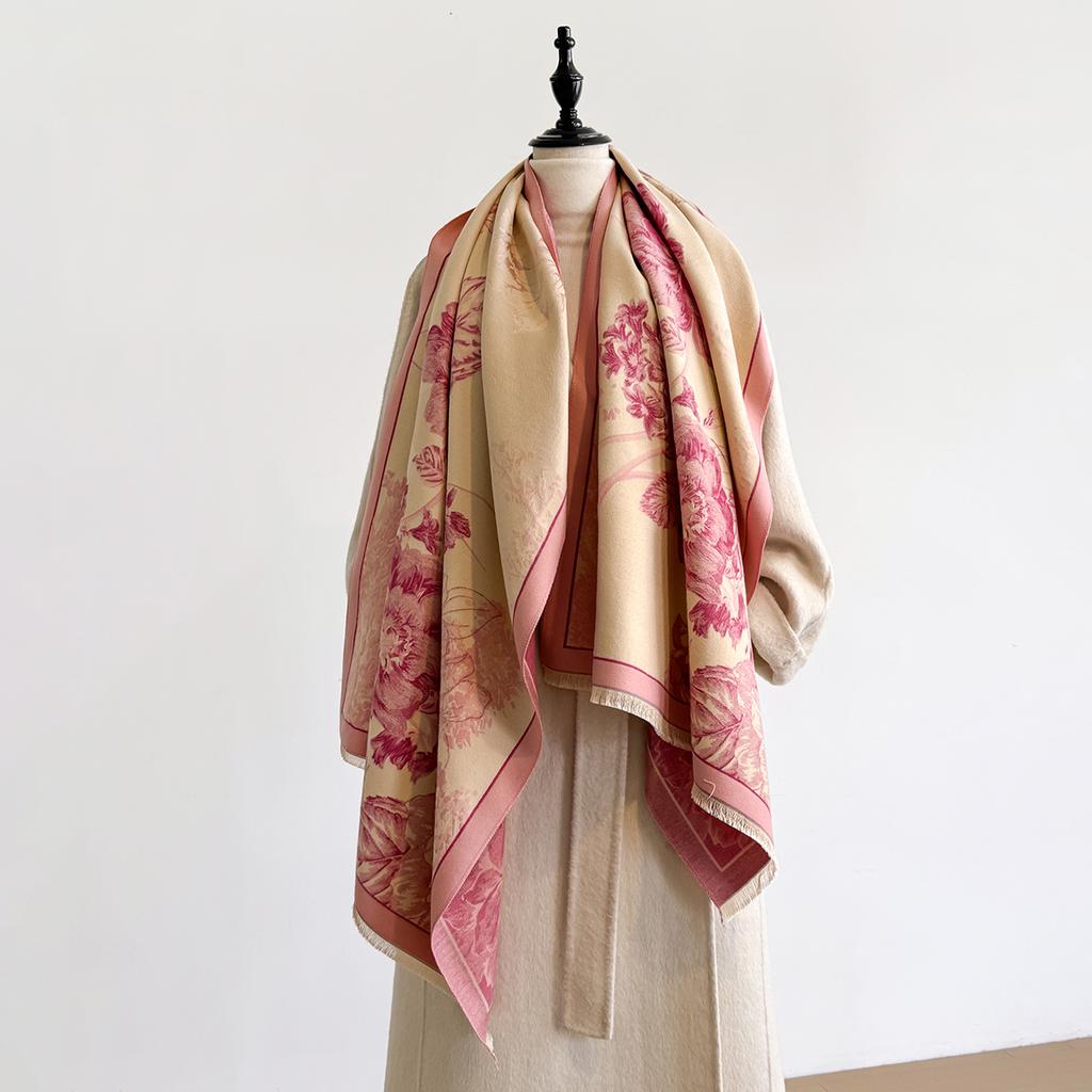Brand Fashion Winter Cashmere Shawl for Women - Tasseled Flower Printed Pashmina Scarf, Thick Warm Wrap & Poncho
