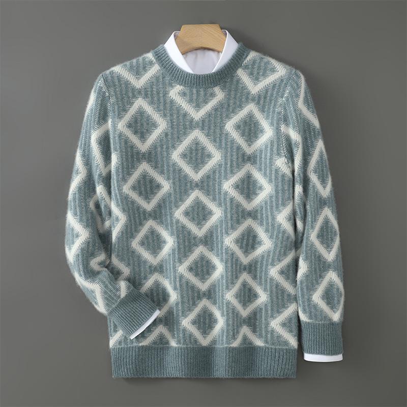 Men's Thick Wool Color Block Sweater - Casual Round Neck Knit Pullover for Autumn & Winter