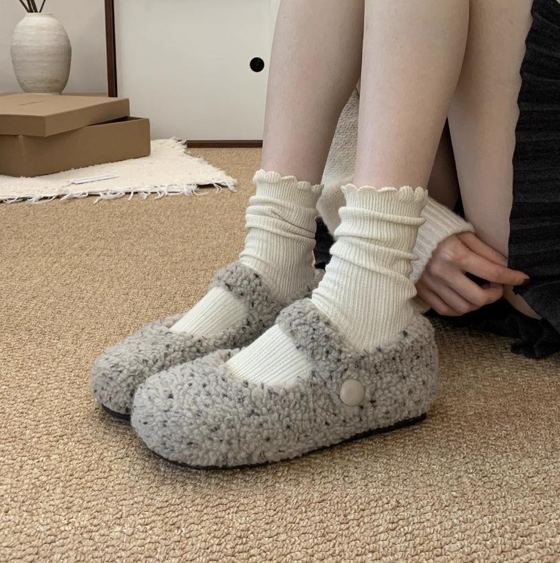 Grey Woolen Inner Height-increasing Fluffy Shoes for Women's Winter Wear 2025 New Warm and Velvet Flat-bottomed Mary Jane Cotton Single Shoes