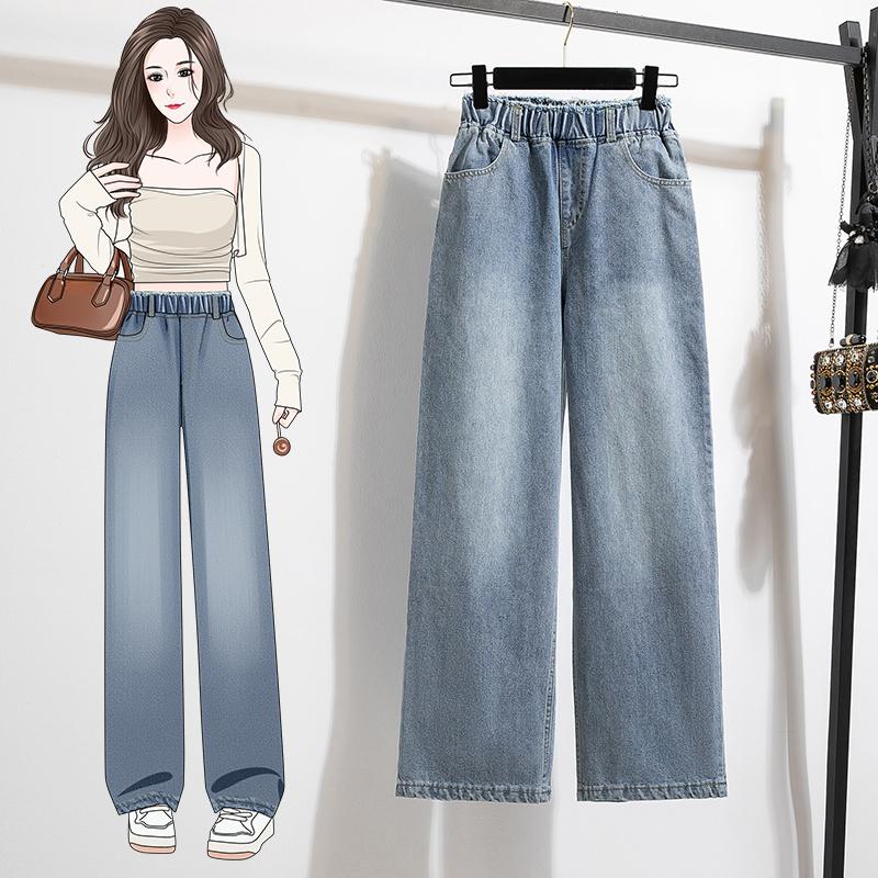 DIMANAF 2024 Plus Size Women Pants Autumn Trousers Loose Wide Leg Pants Casual Vintage Large Size Elastic Waist Blue Jeans