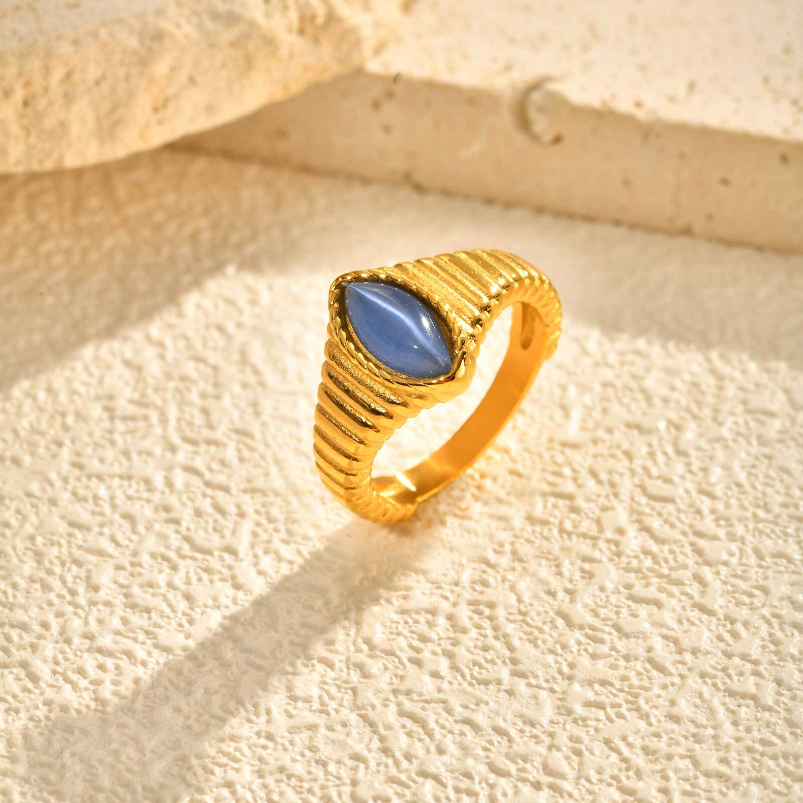 

Stainless Steel Finger Rings for Women, Vintage Opal Blue Natural Stone Eye-shape Ring, Aesthetic Jewelry US Ring Size 06
