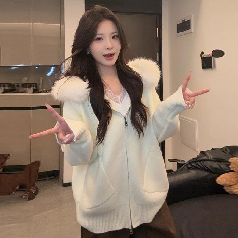 {Sheep wool} Korean knitted sweater zipper cardigan jacket women s autumn and winter fur collar warm sweater ins A