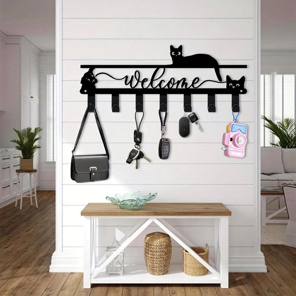 Bohemian Welcome Cat Metal Key Holder Multi Hook Wall Decor Gift for Cat Lovers