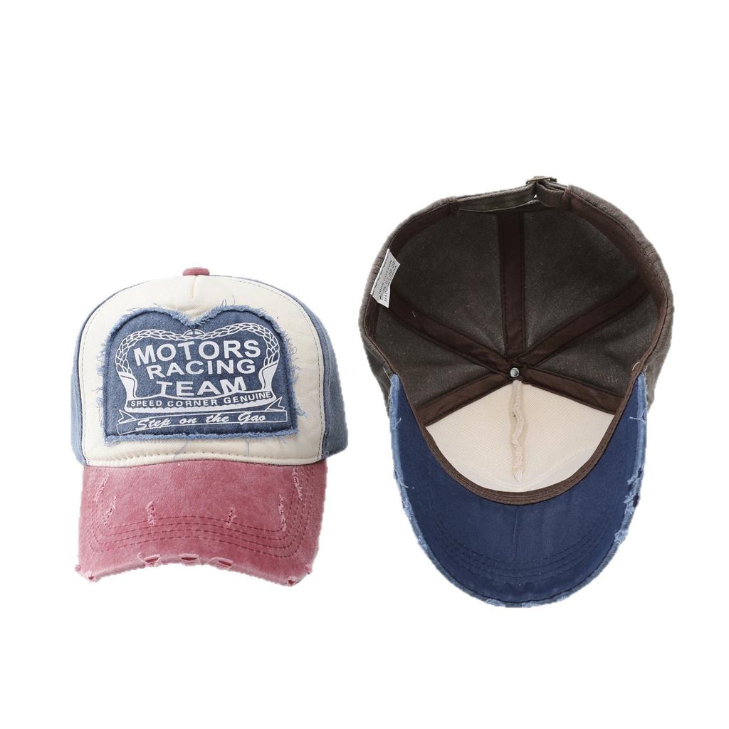 MOTO color-blocked baseball caps for women, American vintage distressed baseball caps, men's large head circumference, deepened hip-hop caps