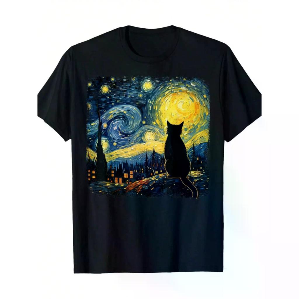 100 Cotton Starry Night Van Gogh Lover Mom Cat Dad Tshirtcouple Clothing 2025family T Golf Gift Tshirt For Unisex And Unisex