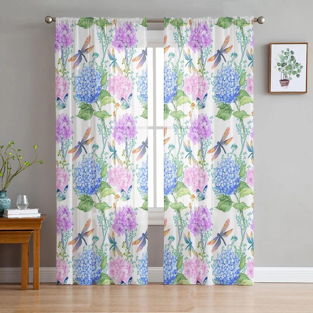 Spring Flowers Hydrangeas Sheer Curtains Transparent Voile Tulle for Bedroom Window Holiday Decoration