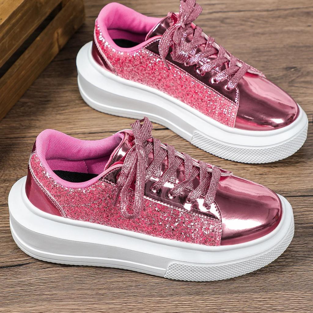 Damen Plateauschuhe Mode Pailletten klobige Schuhe PU-Leder Freizeit-Sneaker runde Zehenpartie Laufschuhe Tägliche vielseitige Schuhe