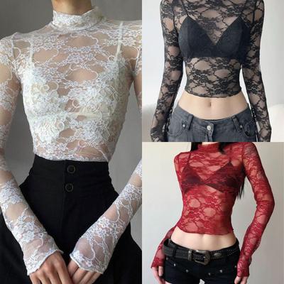 Light Luxury Lace Mesh Long Sleeved Slim Fit T-shirt Top For Women