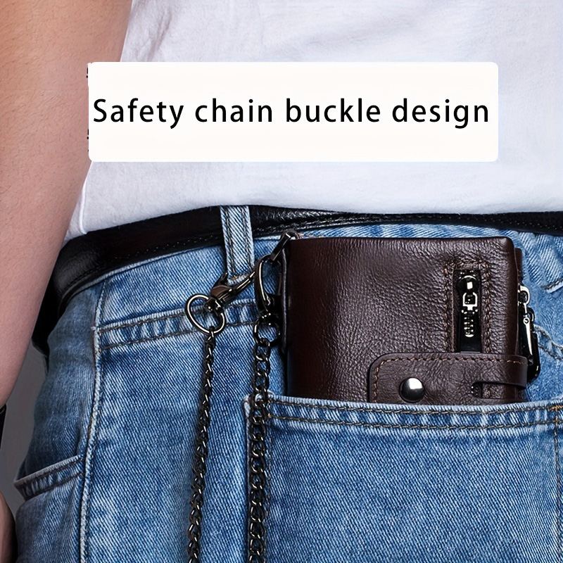 Genuine Leather Men's Wallet Large Capacity RFID Blocking Wallet Casual Retro Multifunctional Card Bag With Anti-Lost Chain