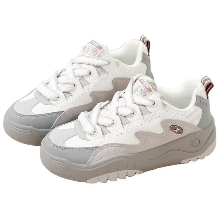 Xtep Waffle Shoes Synthetic Leather Comfortable Trendy Non-Slip Shock Absorbing Low-Top Skate Shoes Women sneakers White Gray 976418310042-2