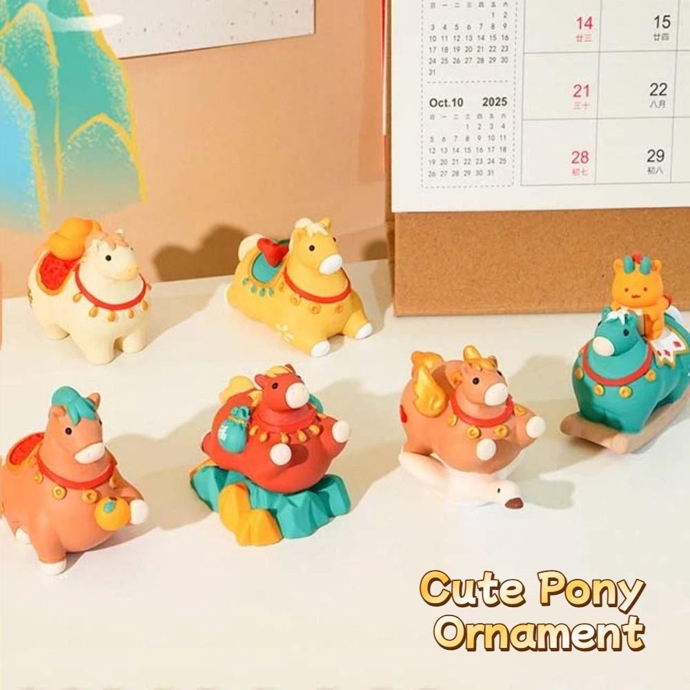 Kawaii Cute Pony Ornament Resin Chinese Style Cartoon Horse Statue New Year Gift Desktop Ornament Zodiac Horse Figurines