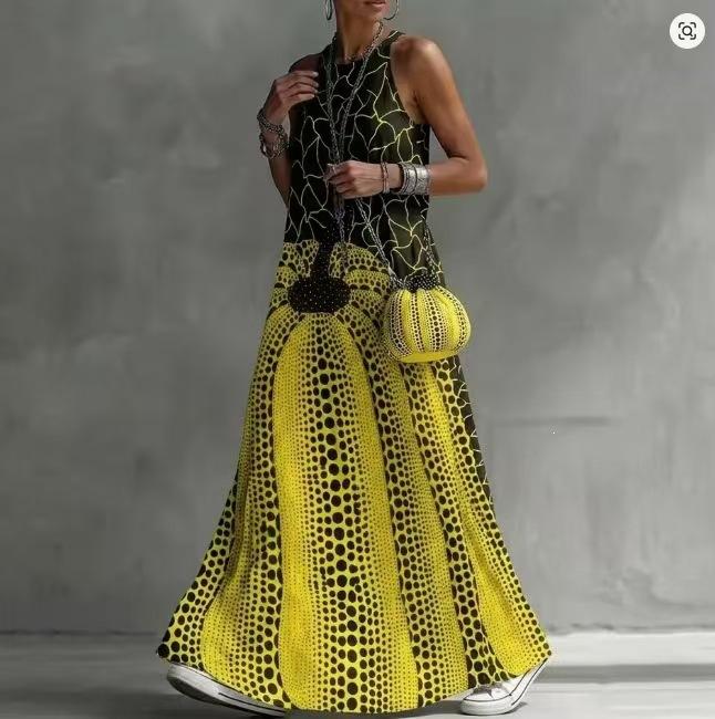 2026 new European and American style contrasting color printing sleeveless long dress women's summer vacation polka dot splicing loose dress