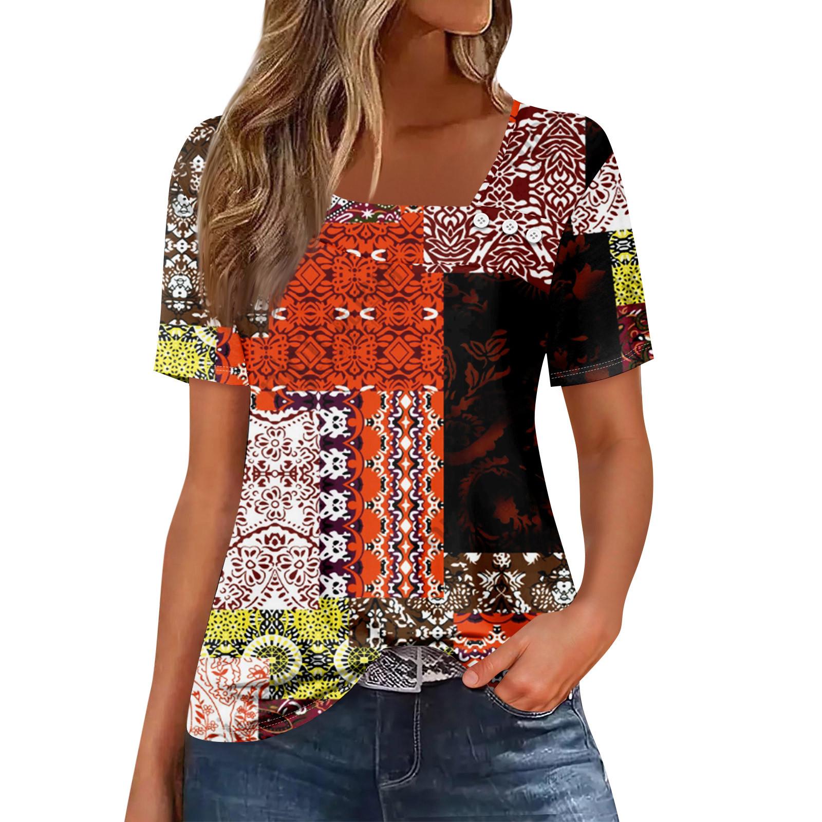 

Жіноча повсякденна футболка з асиметричним вирізом і короткими рукавами з принтом і декоративними ґудзиками XL Кіновар