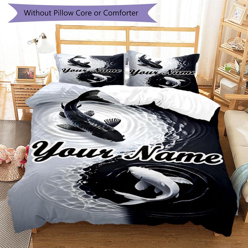 3PC Custom Name Koi Fish Yin Yang Bedding Set Duvet Cover Closure Includes 1 Duvet Cover & 2 Pillowcases for Bedroom