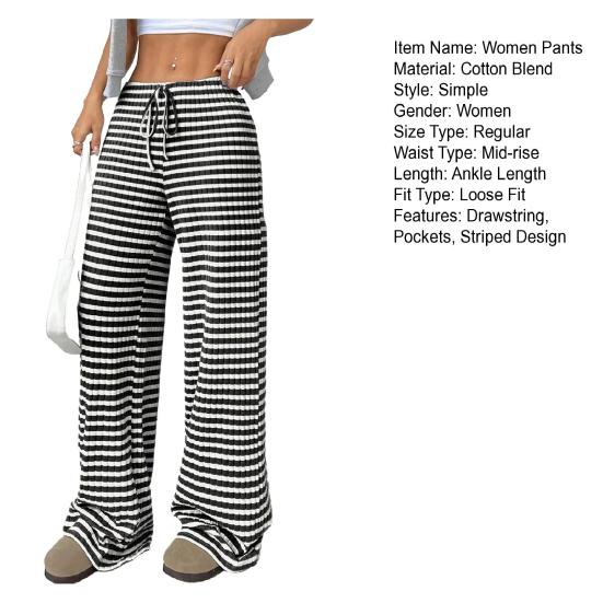 Women Pants Elastic Waist Adjustable Drawstring Striped Casual Wide Leg Trousers Design Loose Fit Daily