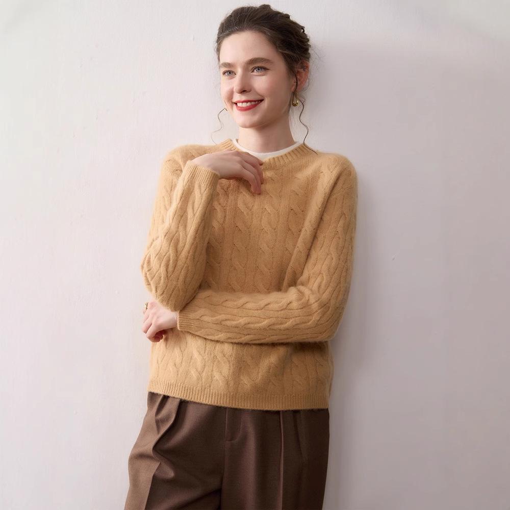 New Arrival Women's Color Block Cashmere Knit Sweater - Round Neck Long Sleeve Thick Pullover