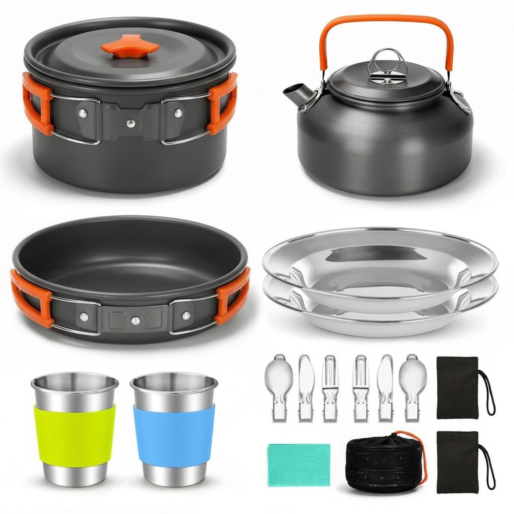 Camping Cookware Set 11pcs Mess Kit, Aluminum Non-Stick Pot and Pan Set, Backpacking Cookware