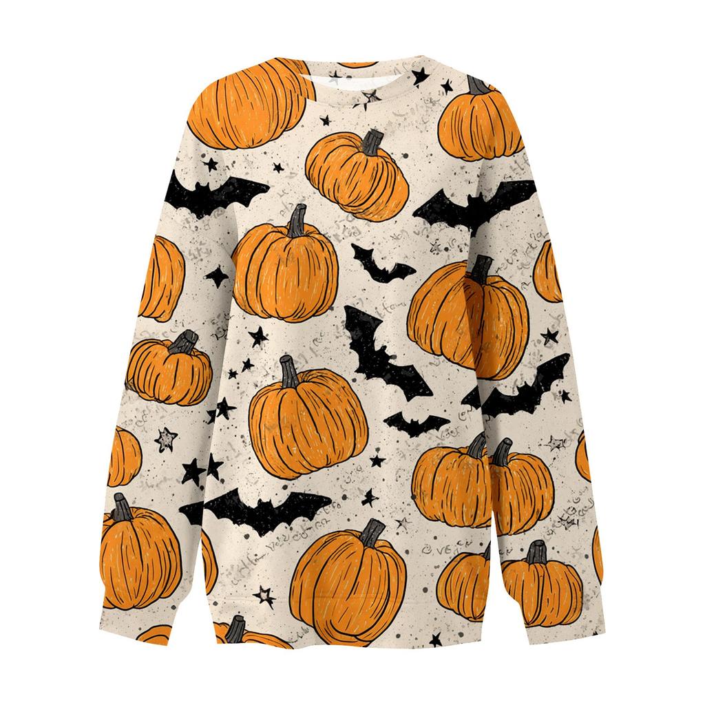 Women's Fashion Casual Long Sleeve Halloween Printed Neck Sweatshirt Top