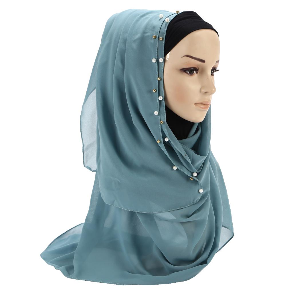 Women's Solid Chiffon Pearl Scarf, Elegant Beaded Hijab Shawl, Muslim Headscarf for Daily/Party