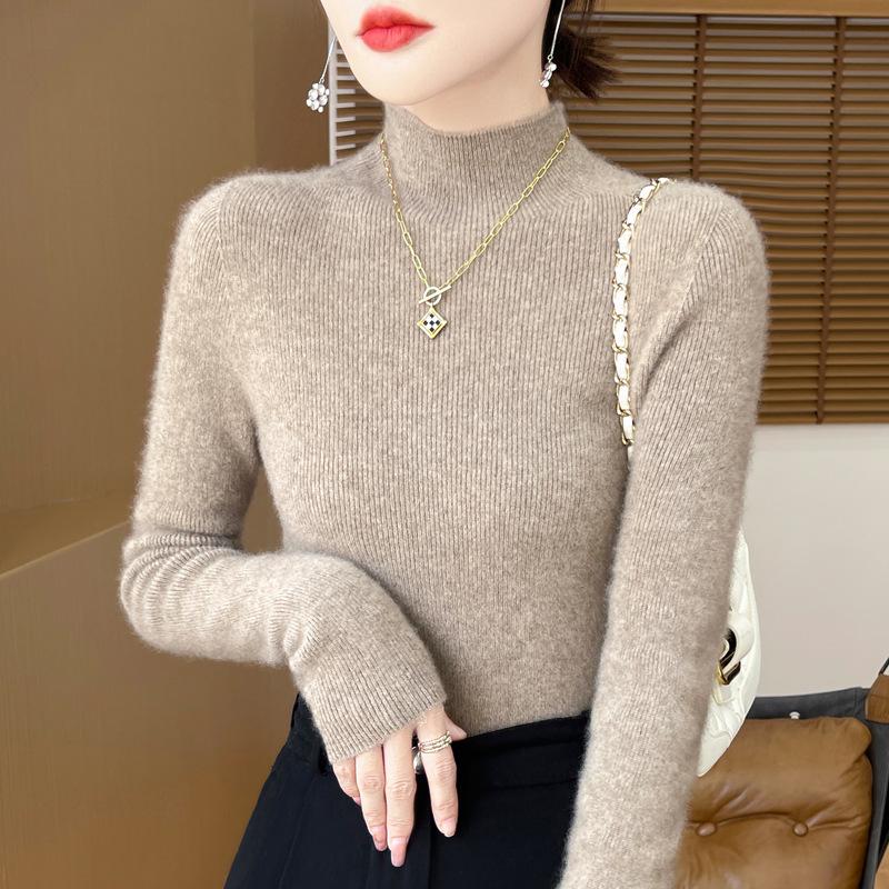 Damski sweter z wysokim dekoltem, dopasowany, z imitacji wełny - rozciągliwa dzianina, warstwa bazowa na jesień/zimę