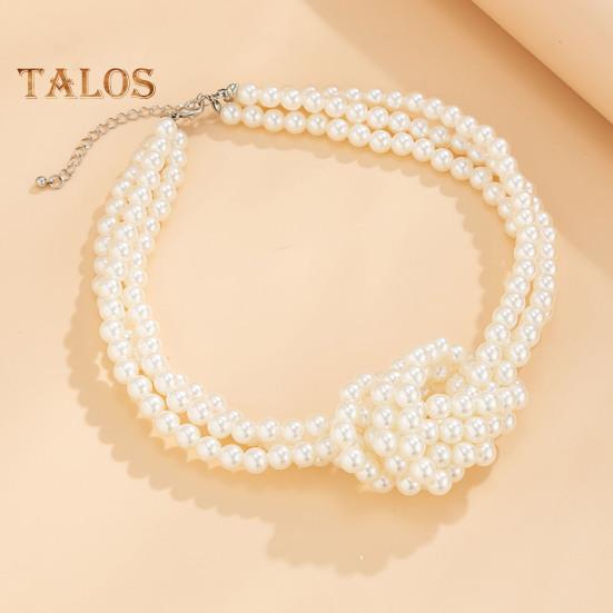 Women Necklace Smooth Multi-layered Faux Pearl Adjustable Length Stainless Alloy Neck Decoration Jewelry Birthday Gift Party Prom Choker Necklace