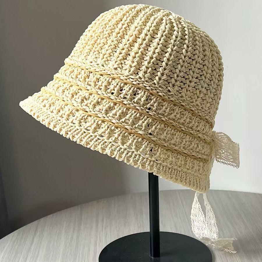 

Полая тонкая дышащая куполообразная шапка-ведро, вязаная крючком, женская весенне-летняя свежая шляпа-ведро с секущимися кончиками, замедляющая старение M（56-58cm）