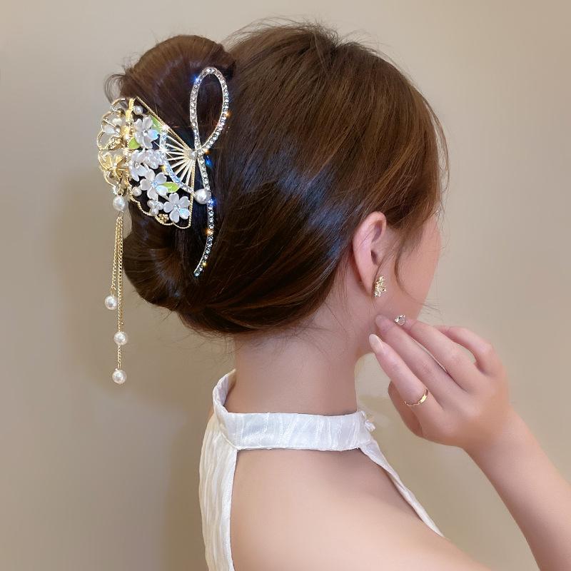 Mote Retro Vifte Duskel Stil Grab Clip Rhinestone Hårklemme Hestehale Klemme Grab Clip Elegant Hodeplagg Kvinne
