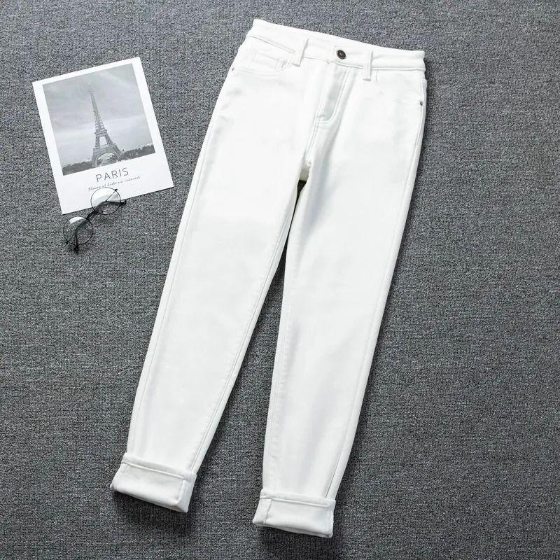 Witte elastische losse en dunne Harlan jeans met hoge taille voor dames, winter fluweel en verdikte negenpuntsbroek