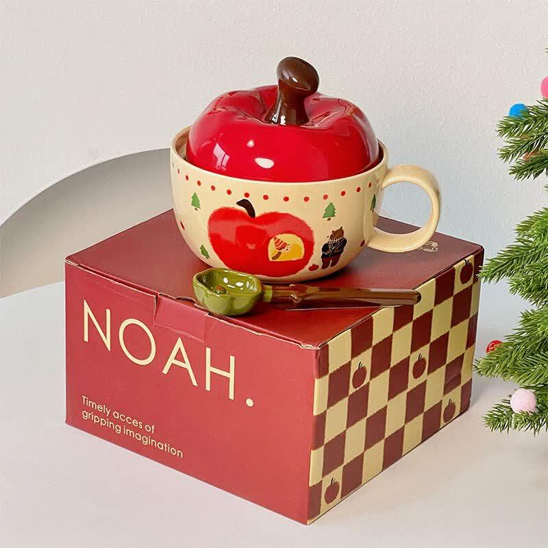 Cute Apple Ceramic Mug with Lid and Spoon