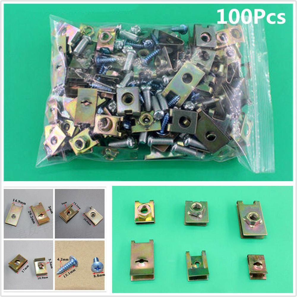 100pcs Mixed Auto Car Body Door Panel Fastener Fixed Screw U Type Gasket Fender Metal Clips