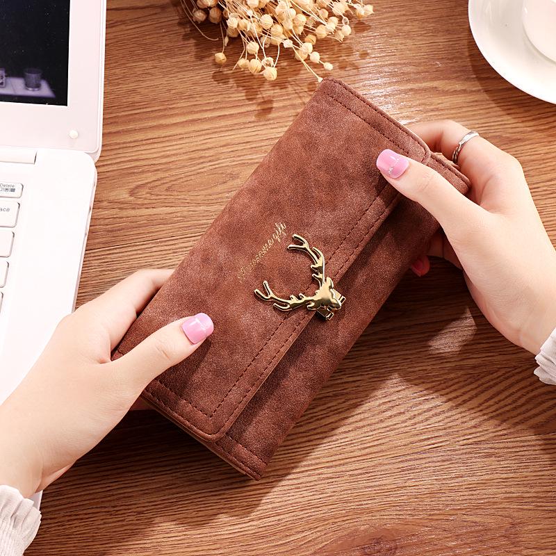2026 New Fashion Deer Head Women's Long Wallet Trendy Cool PU Matte 3 Fold Billfold Multi Card Female Clutch Money Bag Change Pocket Girl Holiay Gifts
