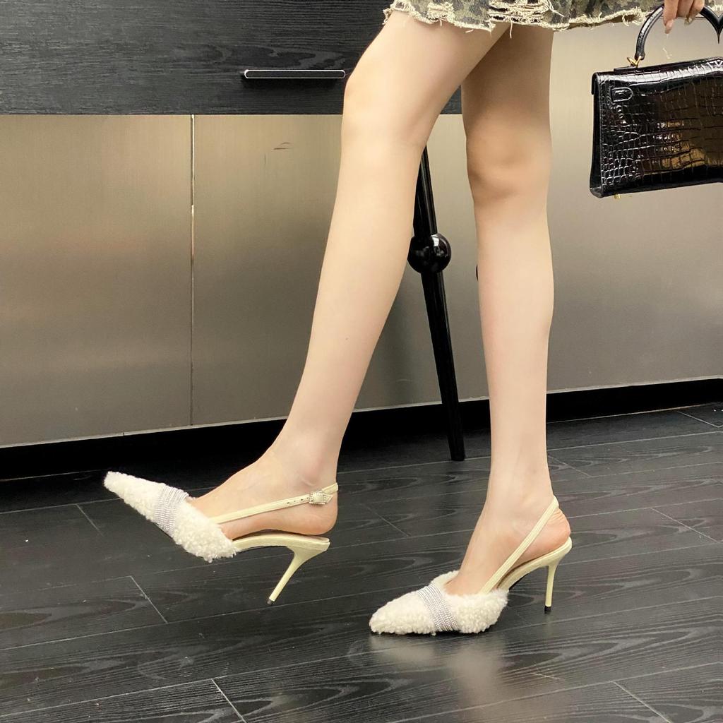 2025 autumn and winter new pointed head thin heel European and American fashion bag head high heel Mao Mao shoes empty rhinestone back strap sandals