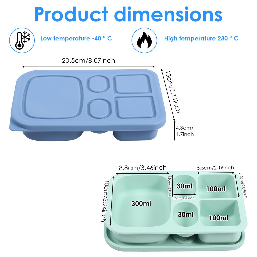 2 Stück Silikon-Snackbehälter mit Deckeln 5 Fächer Mahlzeitenbox zur Gewichtsreduktion Wiederverwendbare Bento-Box für Kleinkind, Erwachsenen, Büro, Schule
