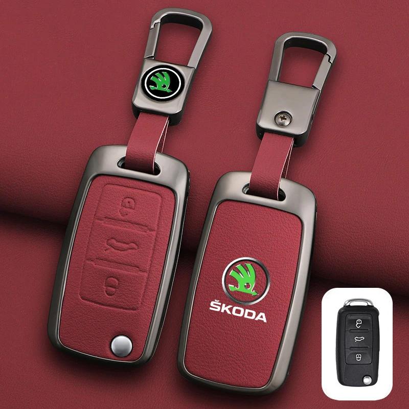 AFK1 Leather Car Remote Key Case Full Cover Protector Holder Shell Fob For Skoda Superb A7 Kodiaq Octavia A7 A8 Keychain Accessories