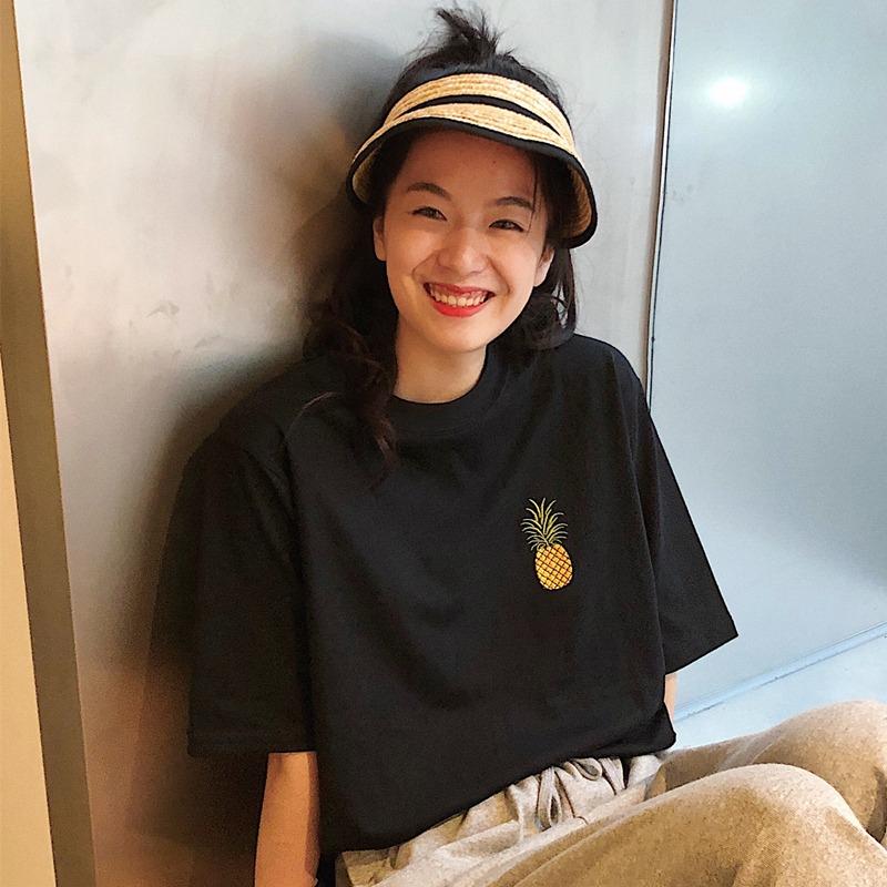 

Летняя футболка с вышивкой ананаса для женщин, одежда Harajuku, повседневная свободная футболка, женская одежда, черные топы Y2k, уличная одежда
