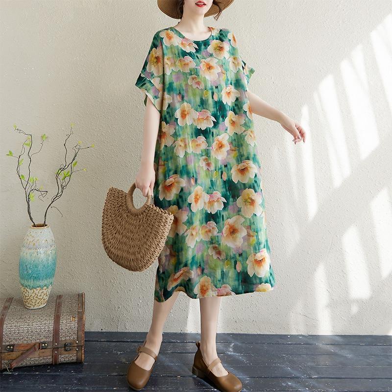 Real Shot Summer New Thin Cotton and Linen Literary Loose Short Sleeve Fat Mm Knee Dress Women's Clothing